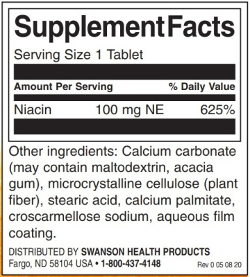 Swanson Niacin (Ниацин витамин В-3) 100 мг 250 таблеток