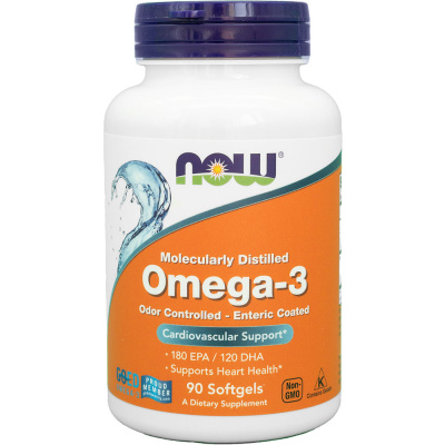 NOW Omega-3 Molecularly Distilled Enteric Coated (Омега-3 молекулярная очистка Кишечнорастворимое покрытие) 90 гелевых капсул