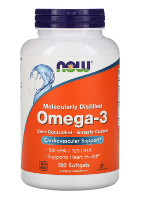 NOW Omega-3 Molecularly Distilled Enteric Coated (Омега-3 молекулярная очистка Кишечнорастворимое покрытие) 180 гелевых капсул