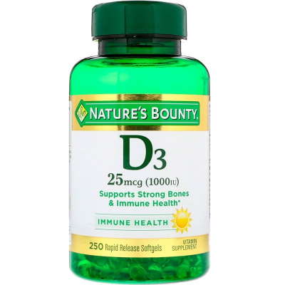 Nature's Bounty D3 (витамин D3) 25 мкг (1000 МЕ) 250 гел. капсул ускоренного высвобождения