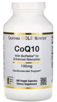 California Gold Nutrition CoQ10 (Коэнзим Q10) класса USP с экстрактом BioPerine 100 мг 360 капсул