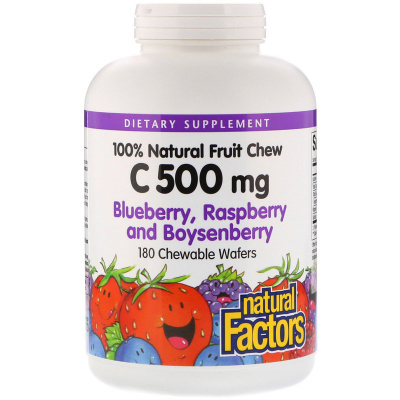Natural Factors 100% Natural Fruit Chew Vitamin C (витамин С) черника, малина и бойзенберри 500 мг 180 жевательных вафель