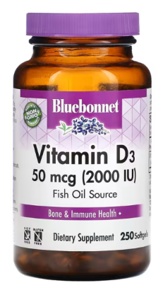 Bluebonnet Nutrition Vitamin D3 (Витамин D3) 50 мкг 2,000 МЕ 250 гелевых капсул