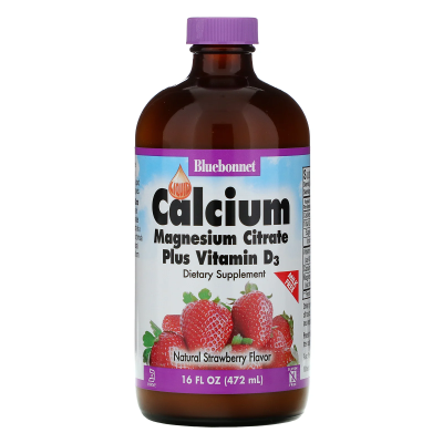 Bluebonnet Nutrition Liquid Calcium Magnesium Citrate Plus Vitamin D3 (Цитрат кальция и магния с витамином D3) в жидкой форме вкус натуральной клубники 472 мл