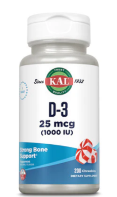 KAL D-3 1000 IU (Витамин D-3) перечная мята 1000 МЕ 200 жевательных таблеток, срок годности 11/2024