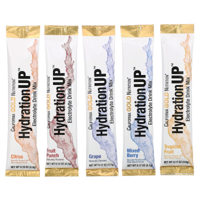 California Gold Nutrition HydrationUP Electrolyte Drink Mix Variety Pack (Смесь для напитков с электролитом) разные вкусы 20 пакетов (4.2 g)