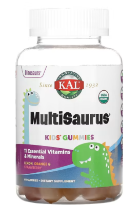KAL Kids Multisaurus Gummies (Детские жевательные конфеты Multisaurus) лимон апельсин и клубника 60 жевательных конфет 