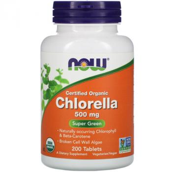 NOW Certified Organic Chlorella (Сертифицированная органическая хлорелла) 500 мг 200 таблеток, срок годности 08/2023